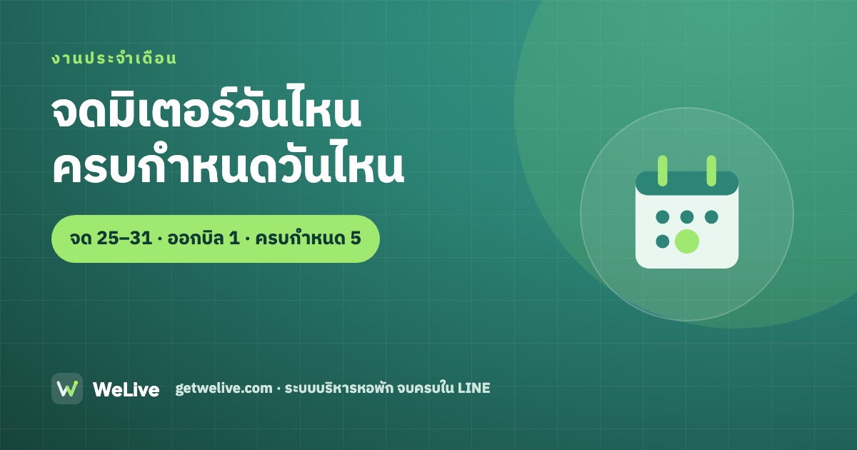 จดมิเตอร์วันไหน ครบกำหนดวันไหน — จด 25–31 · ออกบิล 1 · ครบกำหนด 5