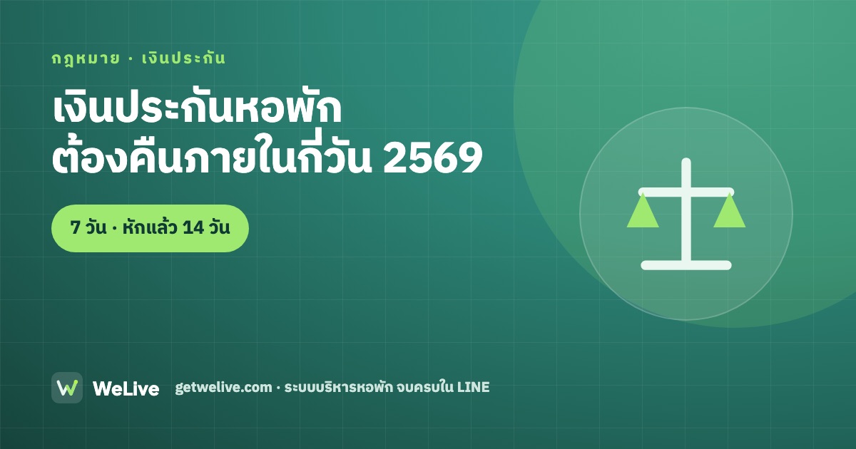 เงินประกันหอพัก ต้องคืนภายในกี่วัน 2569 — ไม่มีเสียหายคืนใน 7 วัน หักค่าเสียหายคืนใน 14 วัน