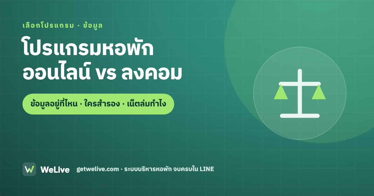 โปรแกรมหอพัก ออนไลน์ vs ลงคอม — ข้อมูลอยู่ที่ไหน · ใครสำรอง · เน็ตล่มทำไง